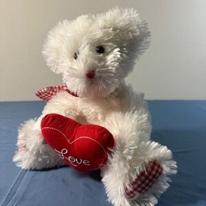 White Teddy Bear Plush Red Gingham Heart Love Valentine's Day